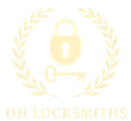 A logo for d.h locksmiths shows a padlock and a key in a laurel wreath.