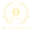A logo for d.h locksmiths shows a padlock and a key in a laurel wreath.