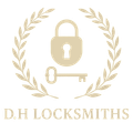 A logo for d.h locksmiths shows a padlock and a key in a laurel wreath.