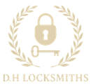 A logo for d.h locksmiths shows a padlock and a key in a laurel wreath.