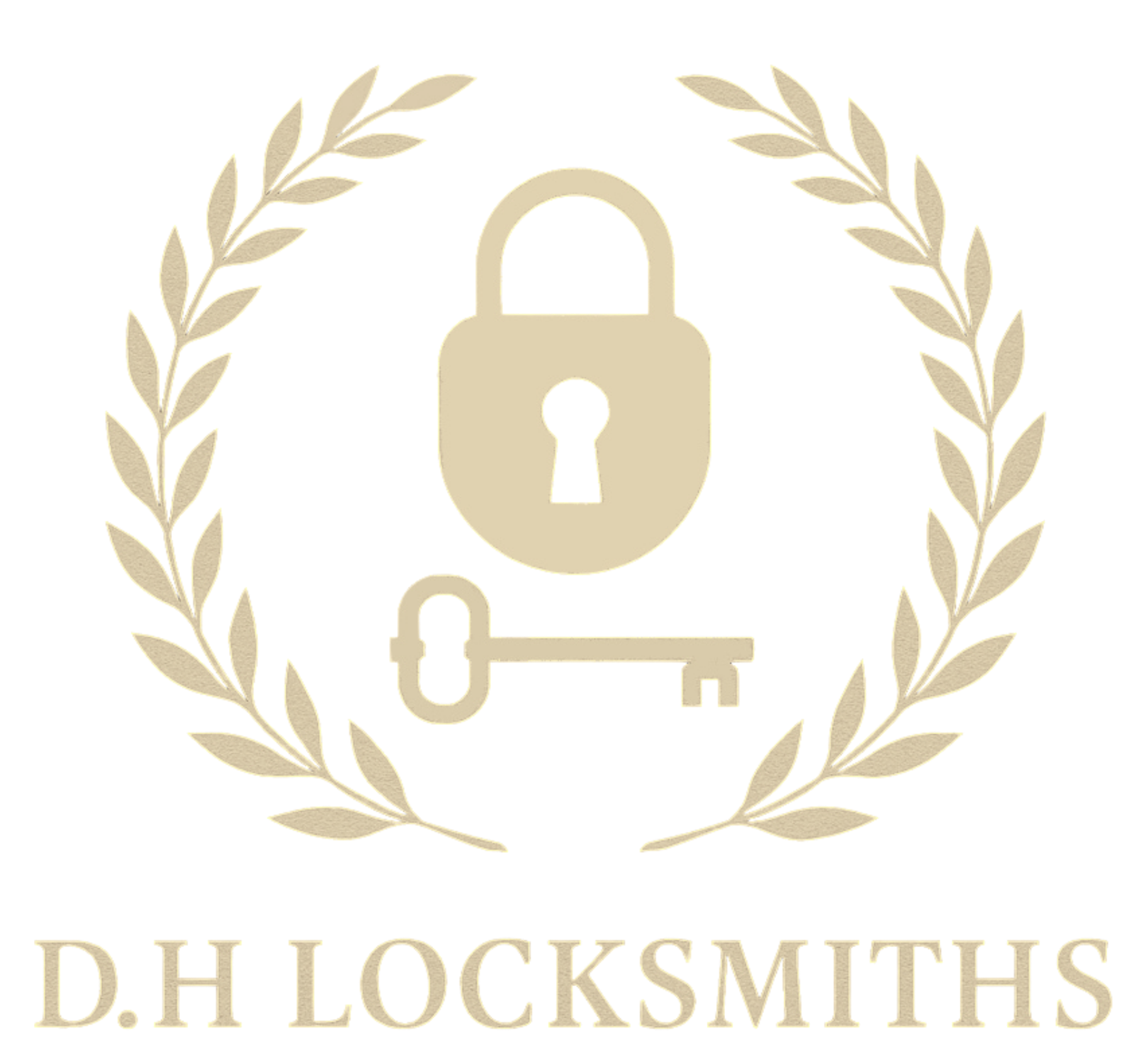A logo for d.h locksmiths shows a padlock and a key in a laurel wreath.