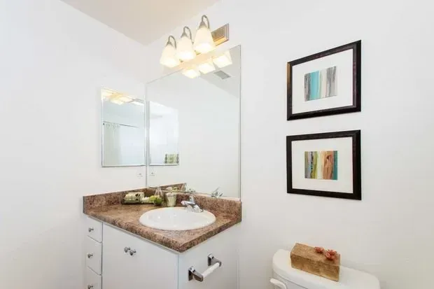 bathroom photo showing white cabinetry, brown accents and a vanity mirror