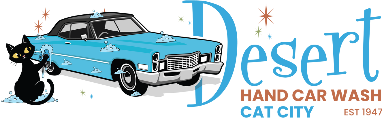 Logo: Blue car washed by a black cat at "Desert Hand Car Wash Cat City" (Est. 1947).