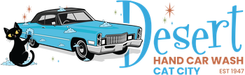 Logo: Blue car washed by a black cat at "Desert Hand Car Wash Cat City" (Est. 1947).
