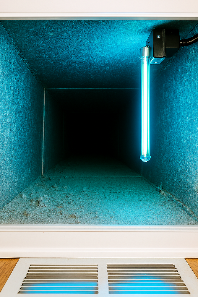 Air duct interior with UV light, illuminated in blue.