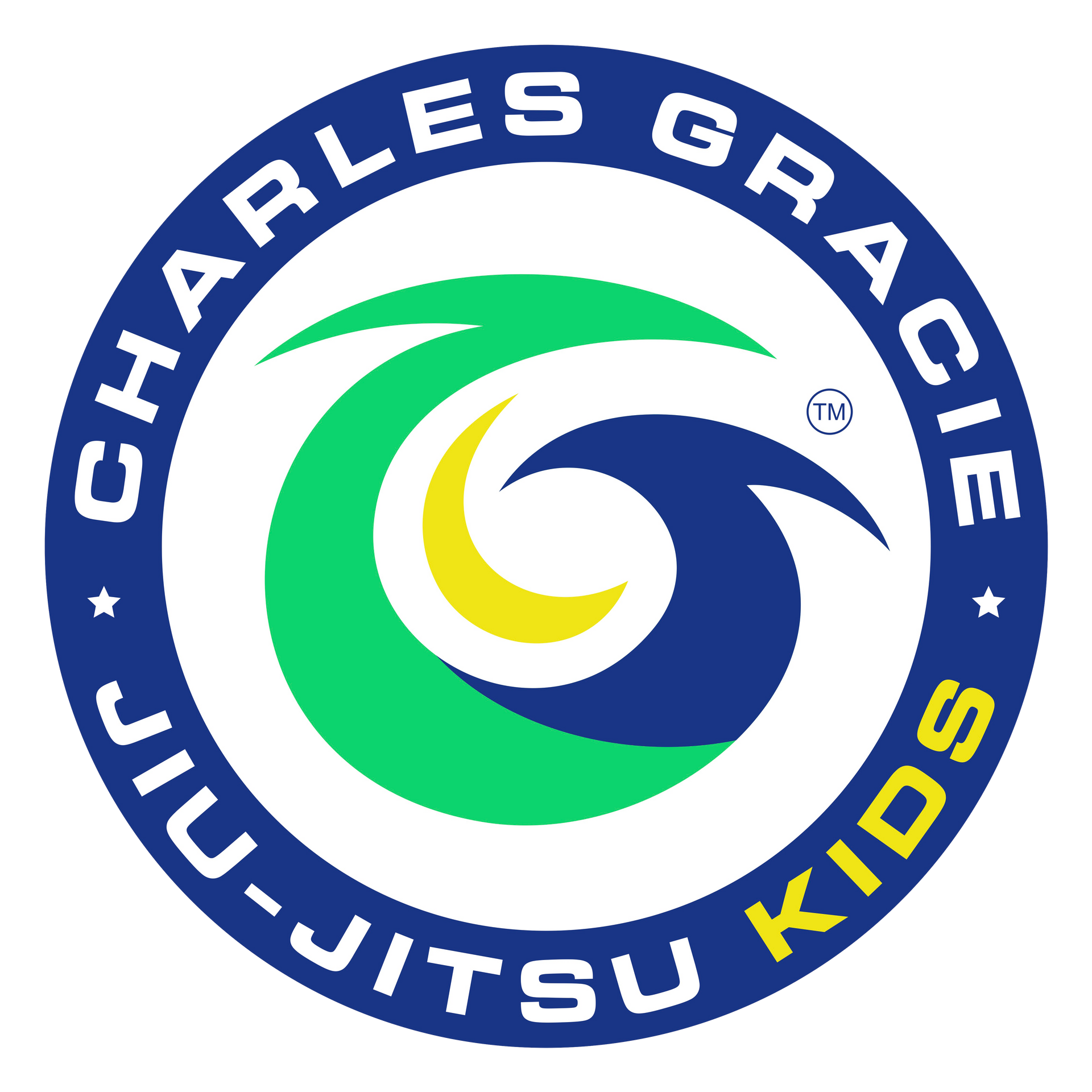 Charles Gracie Jiu-Jitsu Kids logo: Blue and green circular emblem with stylized letter "G" and text.