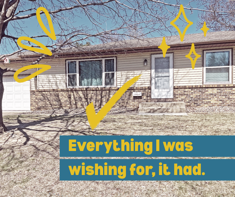A beige house with a brick base sits on a lawn, overlaid with yellow stars, a checkmark, and text about home ownership.