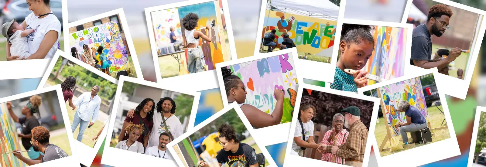 A collage of photos showing diverse groups of people collaboratively painting murals together in an outdoor setting.