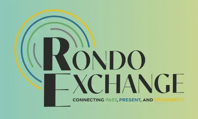 Logo for Rondo Exchange featuring stylized letters "RE" with circular lines above and text: "Connecting past, present, and prosperity."