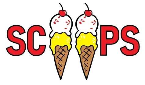 Logo featuring the red word "SCOOPS" with two ice cream cones topped with cherries and sprinkles replacing the "OO".