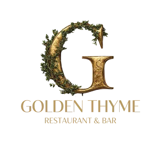 Logo for Golden Thyme Restaurant & Bar featuring a large, ornate golden letter G entwined with green vines.