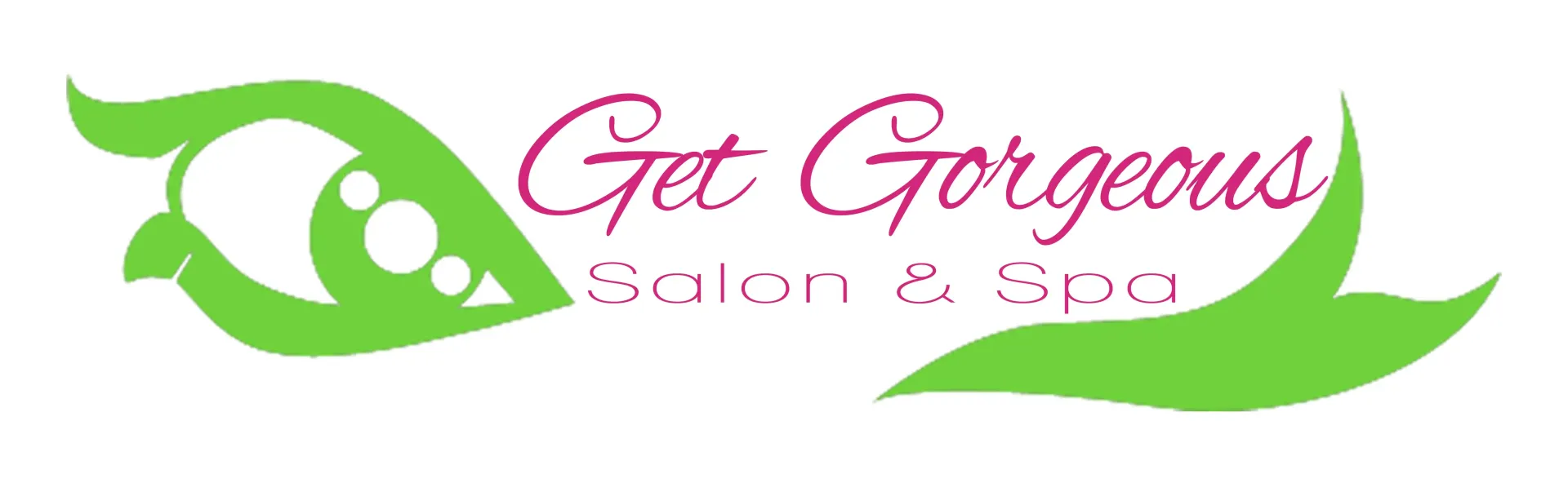 Logo for "Get Gorgeous Salon & Spa" featuring stylized lime-green leaf shapes flanking pink cursive text.