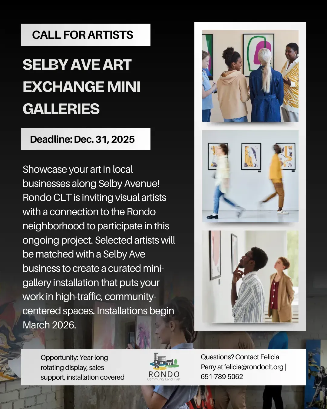 A flyer for Selby Ave Art Exchange with a deadline of Dec. 31, 2025, inviting local artists to exhibit in neighborhood shops.