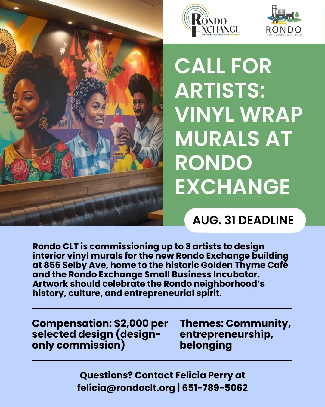 Call for artists flyer for vinyl mural designs at Rondo Exchange. Deadline August 31; compensation $2,000 per design.