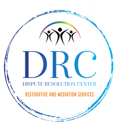 Logo for Dispute Resolution Center featuring three stylized figures under a rainbow arc inside a blue circular border.