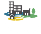 A graphic showing stylized buildings and a tree on overlapping blue, green, and yellow circular paths.