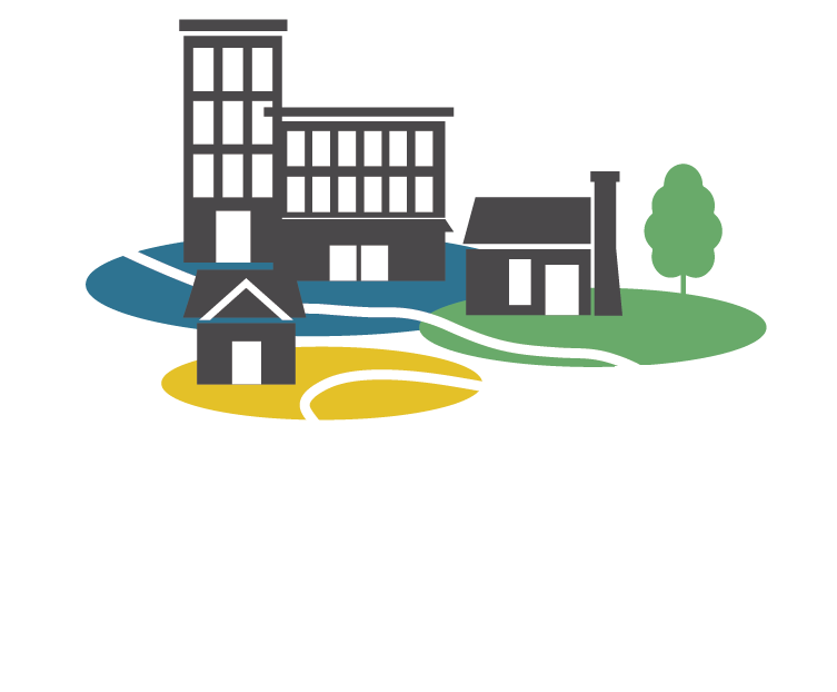 A graphic showing stylized buildings and a tree on overlapping blue, green, and yellow circular paths.