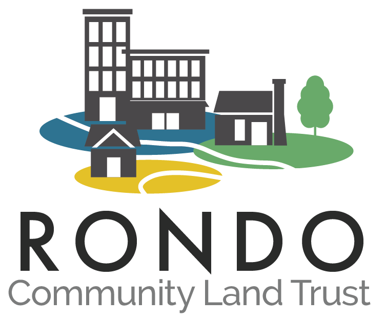Logo for Rondo Community Land Trust with stylized buildings and a tree over blue, yellow, and green circular shapes.