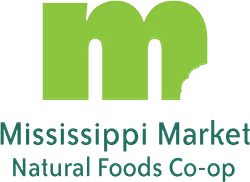 A green lowercase "m" logo with a bite mark on the right, above the text "Mississippi Market Natural Foods Co-op".