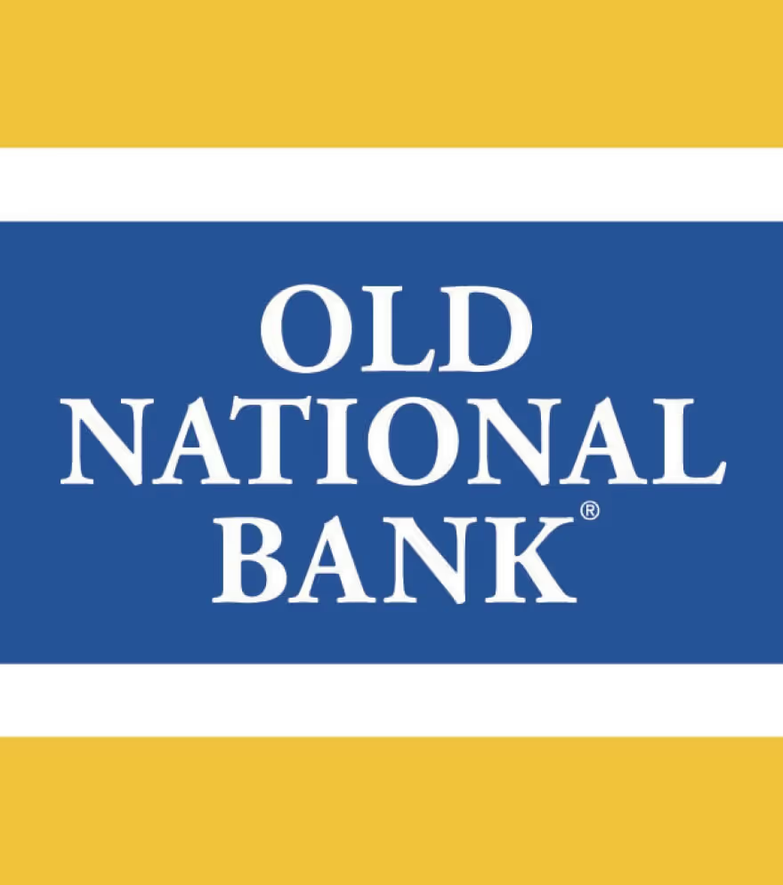 Old National Bank logo with white text on a blue background, framed by horizontal yellow stripes.