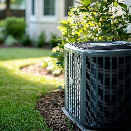 An air conditioner is sitting in the grass in front of a house.