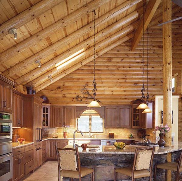 A kitchen in a log cabin with a ceiling made of logs