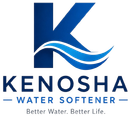 Kenosha Water Softener Logo with Large Letter K, Blue Wave Graphic, Better Water Tagline, and Company Name in Kenosha, WI
