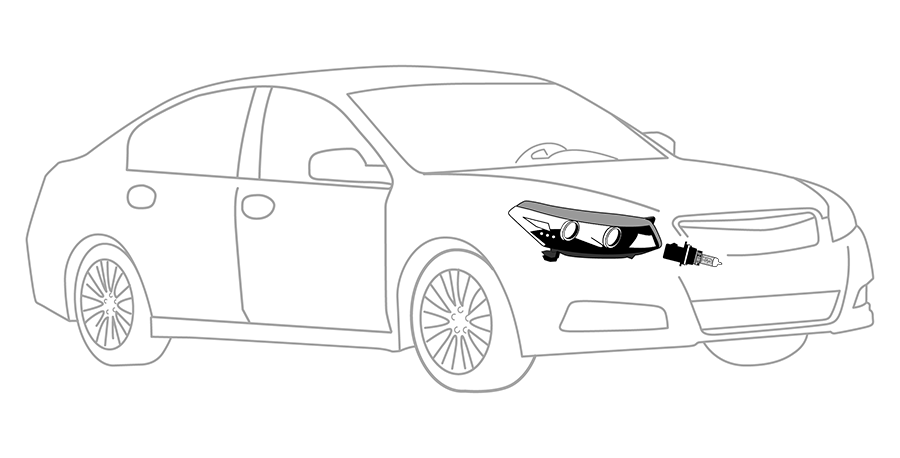 A black and white drawing of a car with a headlight.