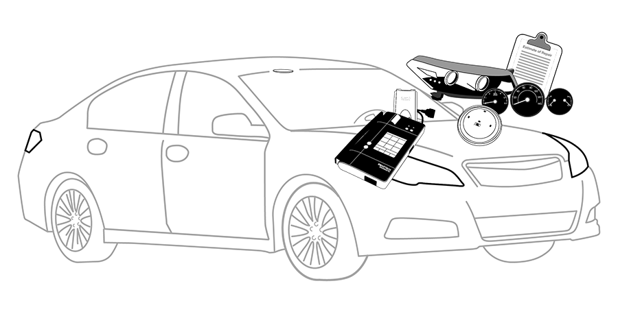 A black and white drawing of a car with a stroller attached to it.