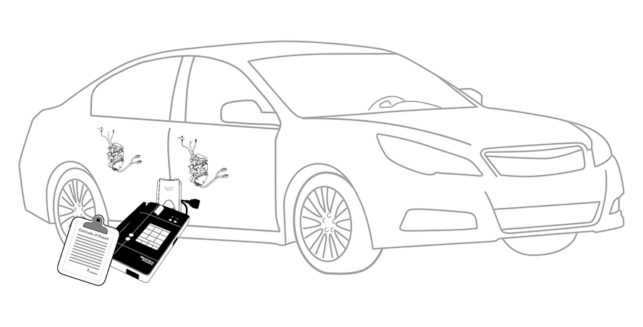 A black and white drawing of a car with a remote control attached to it.