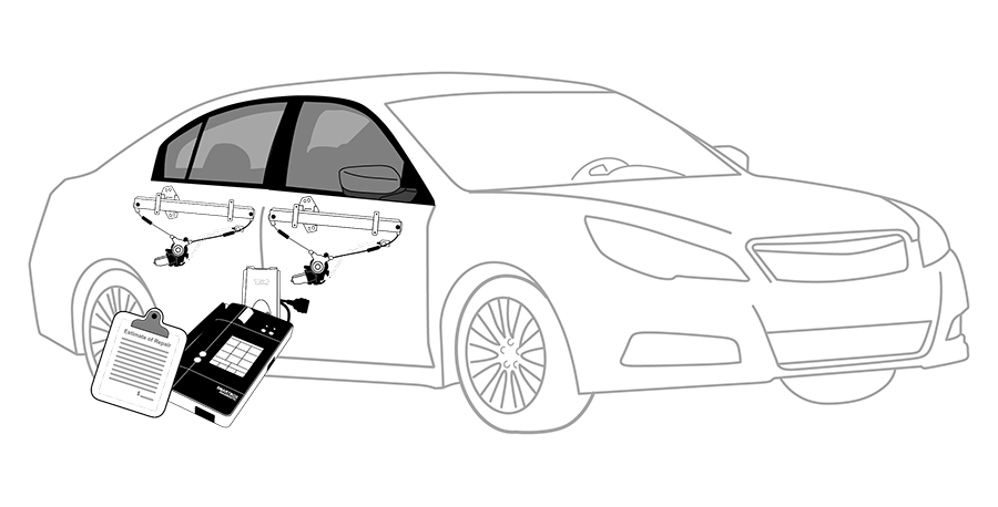 A black and white drawing of a car with a drone attached to it.