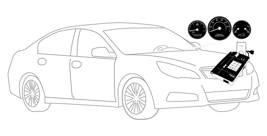 A black and white drawing of a car with a device attached to it.