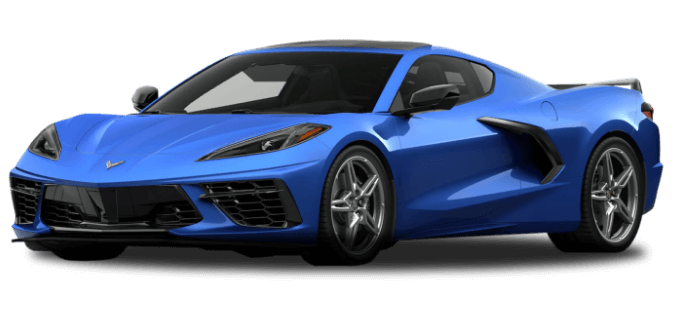 A blue corvette c8 sports car is shown on a white background.