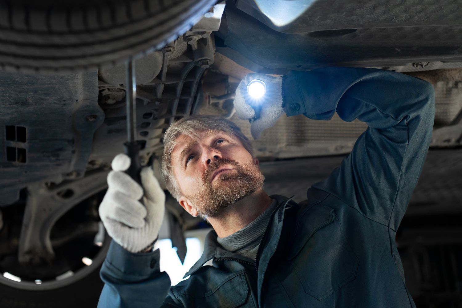 A man is working under a car with a flashlight.