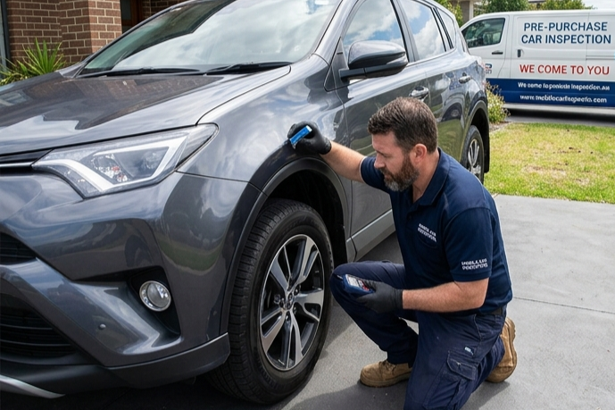 Inspector using paint depth gauge for pre-purchase car inspection.