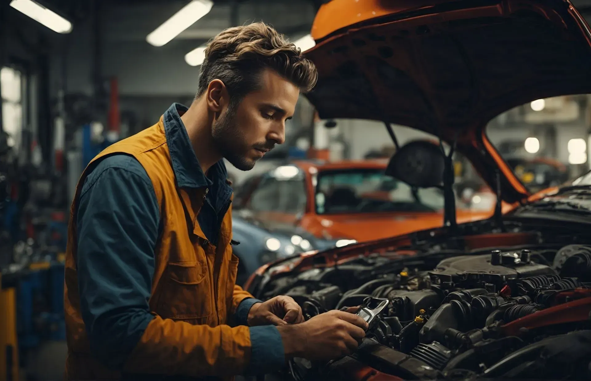 Mechanic inspecting car engine in auto repair shop