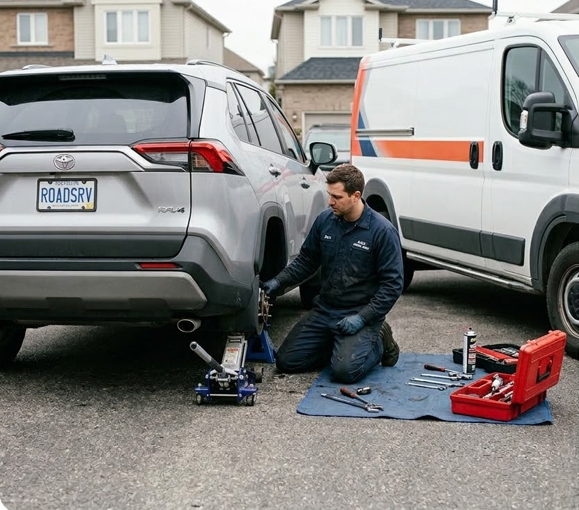 Mechanic changing a tire on a silver SUV with roadside tools.