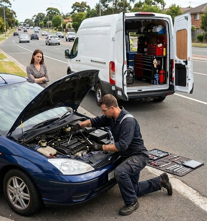 Mobile mechanic repairing a car engine on the roadside.