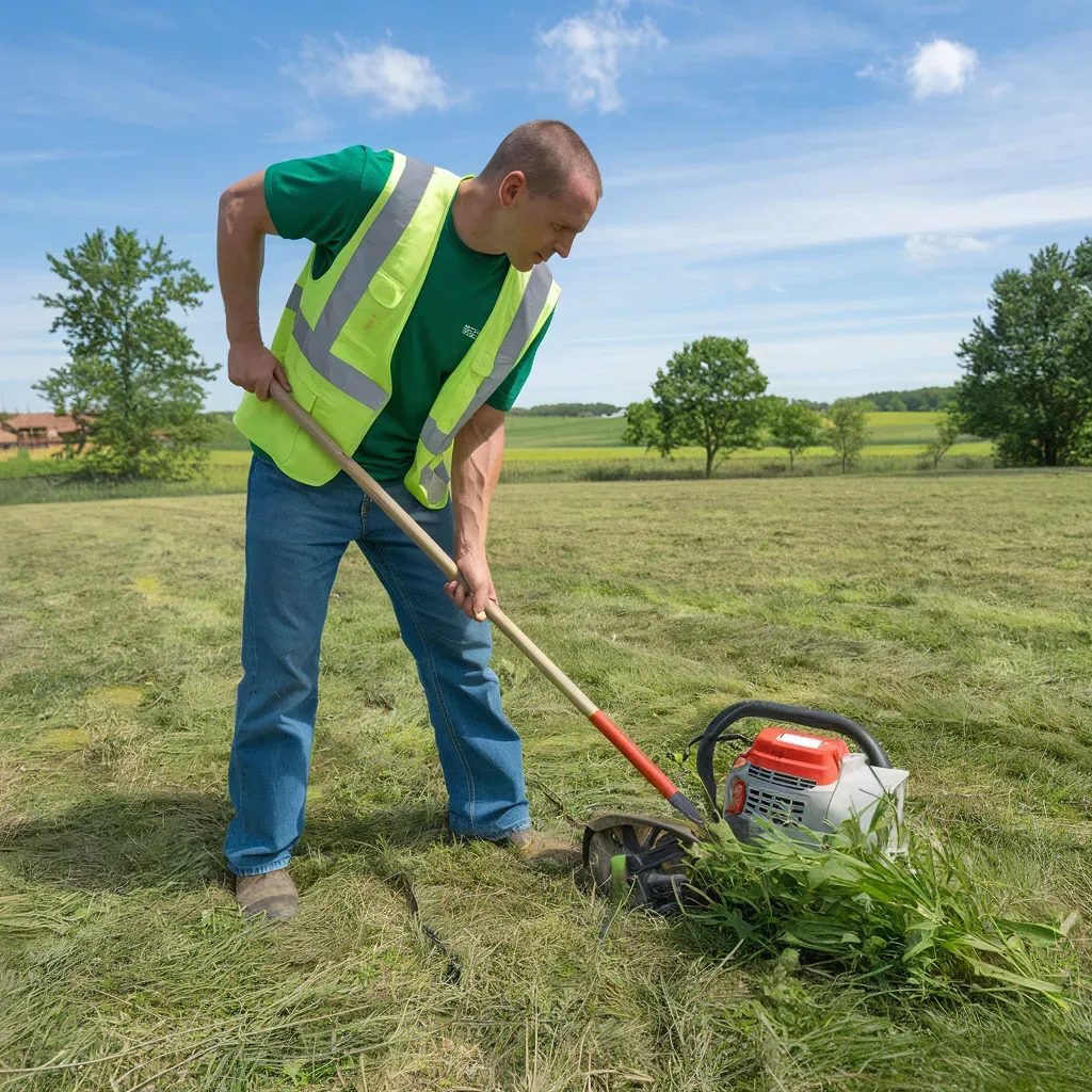 A man is mowing grass in a field with a stihl lawn mower.