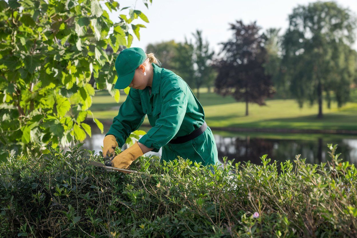 A woman is cutting a hedge with a pair of scissors in a park.