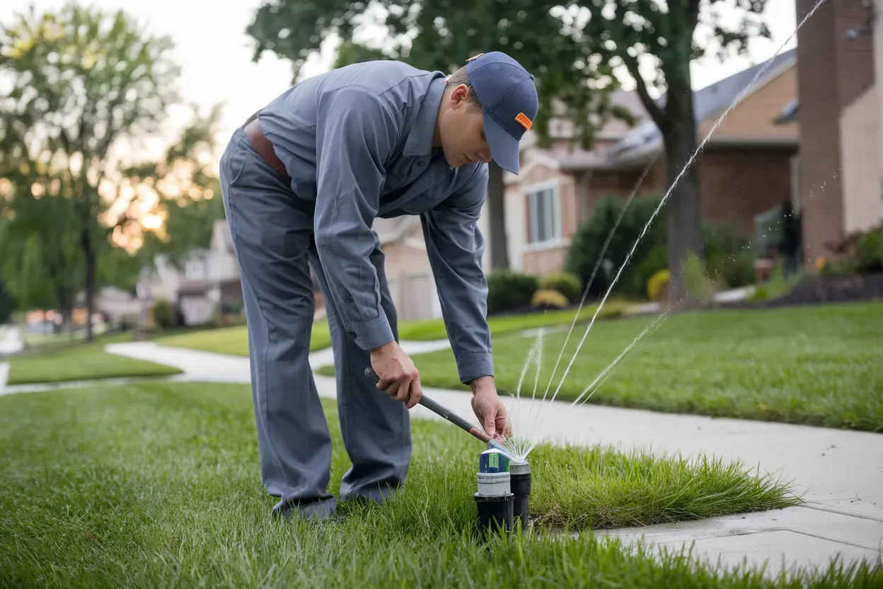 A man is using a sprinkler to water a lawn.
