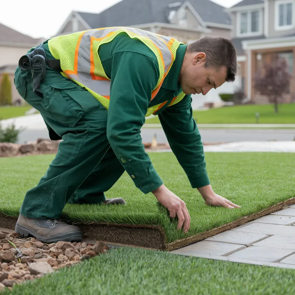A man in a safety vest is working on a lawn