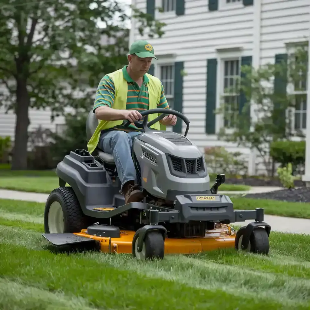 A man is riding a lawn mower on a lush green lawn.