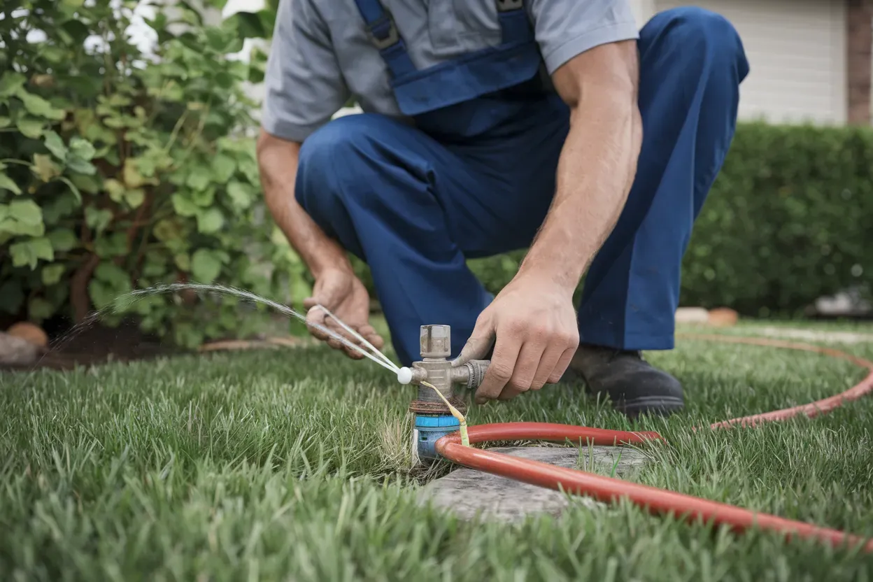 A man is kneeling down to fix a sprinkler on a lawn.