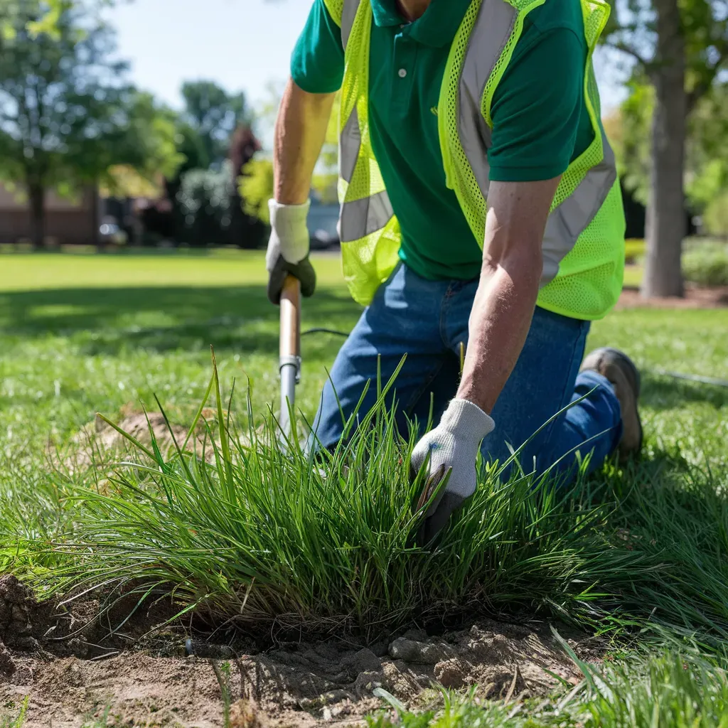 A man wearing a green shirt and a yellow vest is kneeling down in the grass with a shovel.