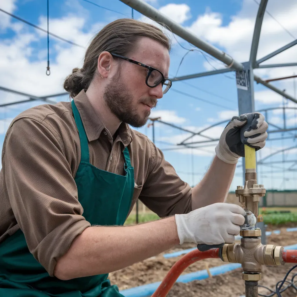 A man in an apron is working on a pipe in a greenhouse.
