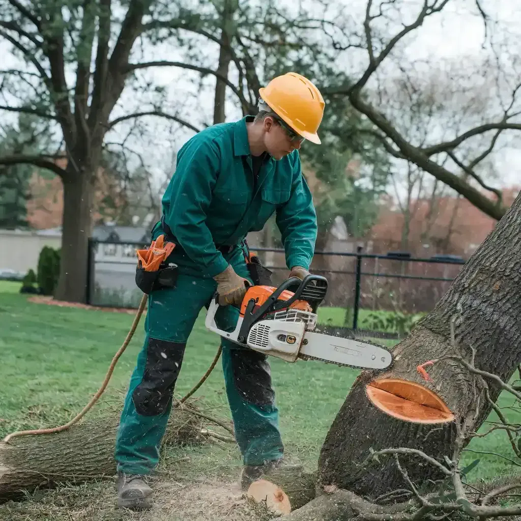 A man is cutting down a tree with a chainsaw.