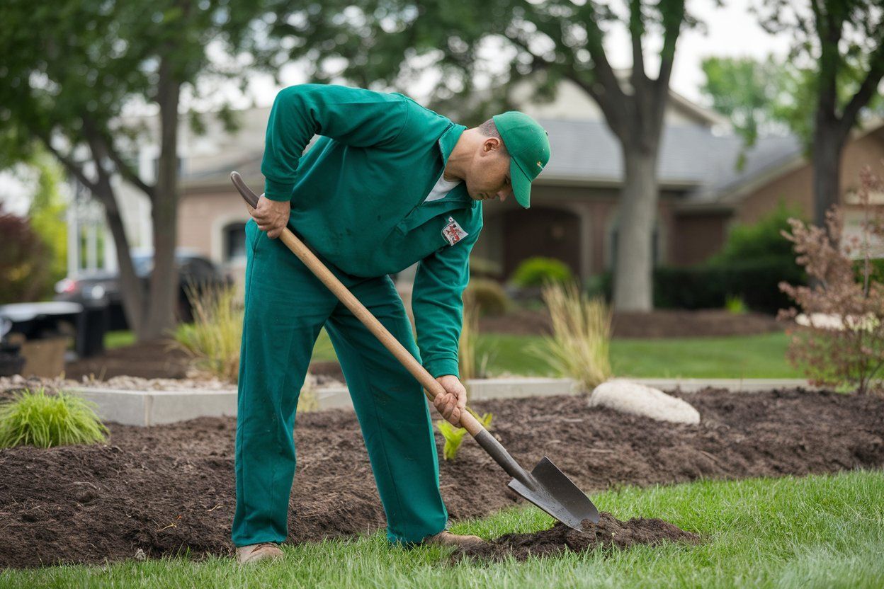 A man in a green uniform is digging in the dirt with a shovel.