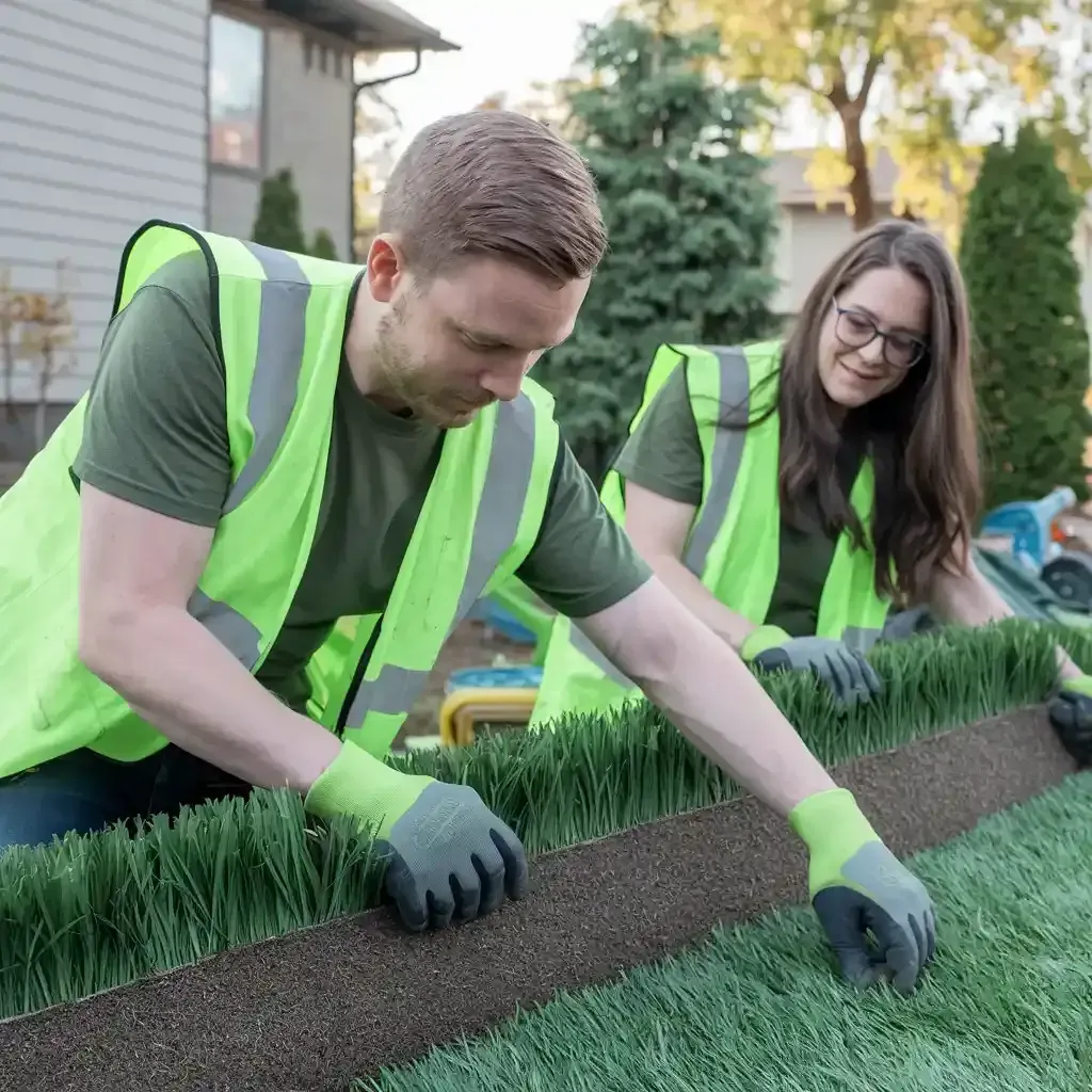 A man is kneeling on the floor cutting a piece of artificial grass.