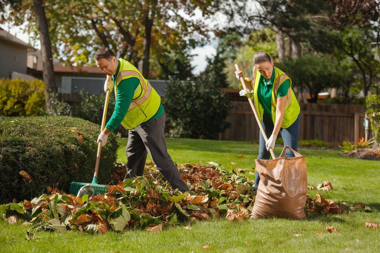 A man and a woman are raking leaves in a yard.